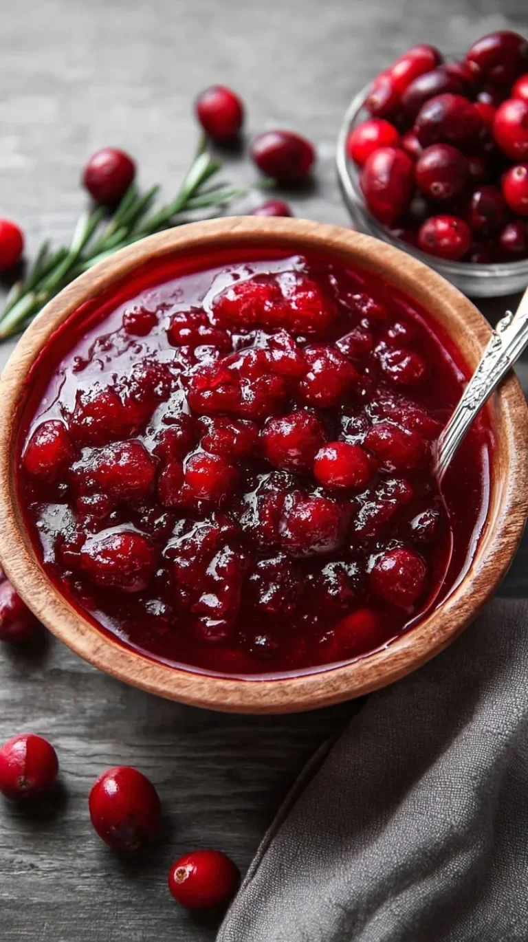 Homemade cranberry sauce in a white bowl with fresh cranberries and orange zest garnish