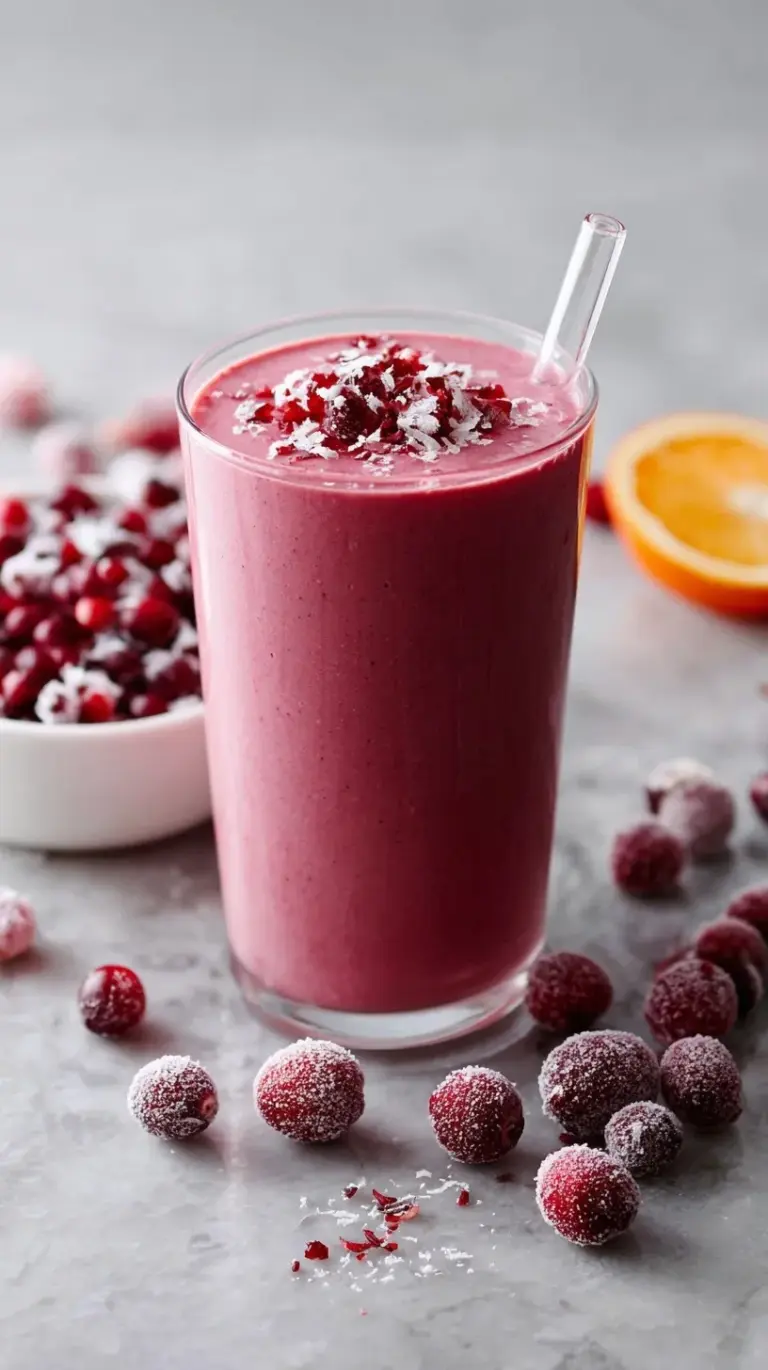 A vibrant pink cranberry smoothie in a glass with a straw and fresh berries on the side.