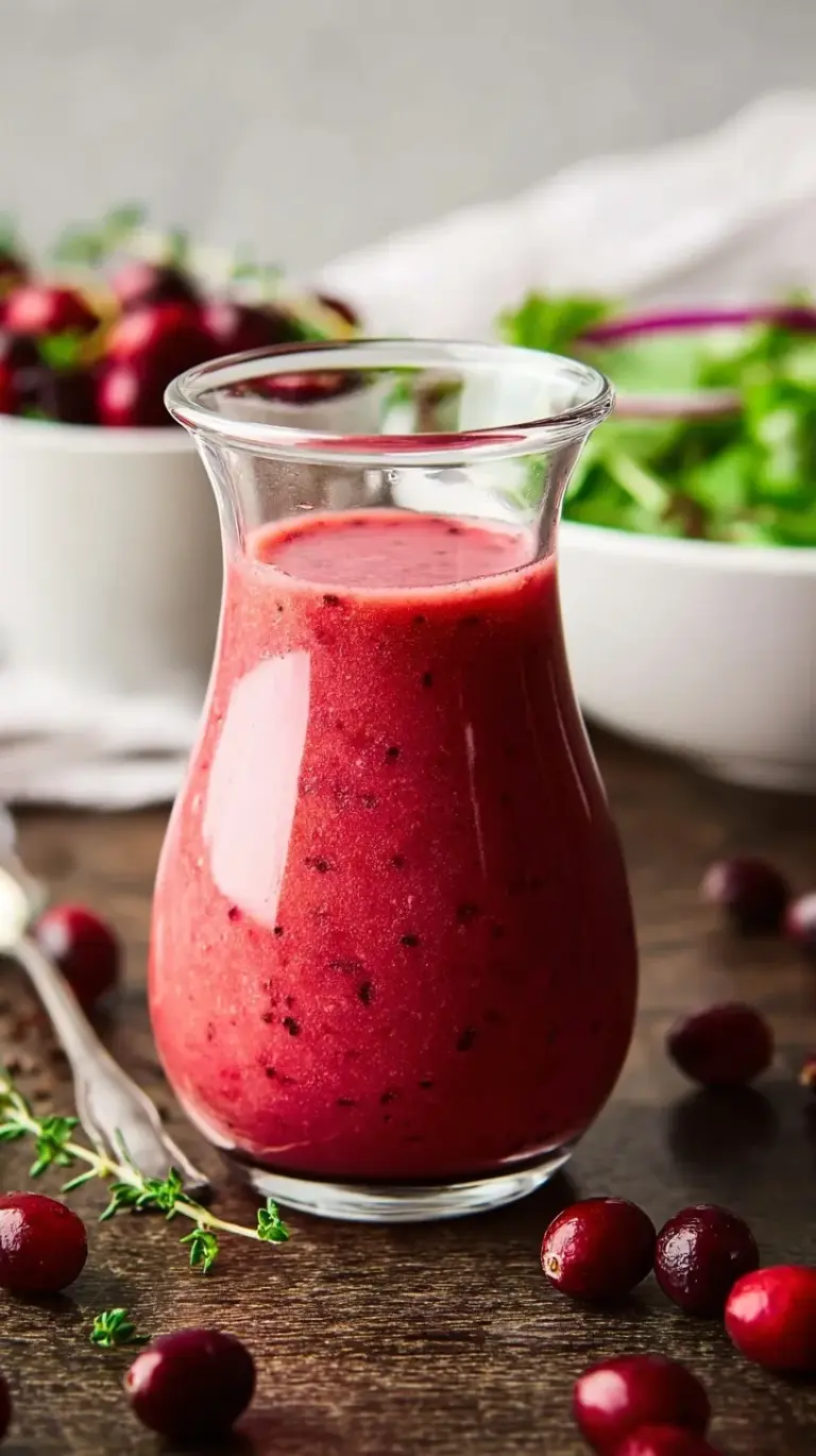 A jar of bright red cranberry vinaigrette sitting on a wooden table next to fresh cranberries.