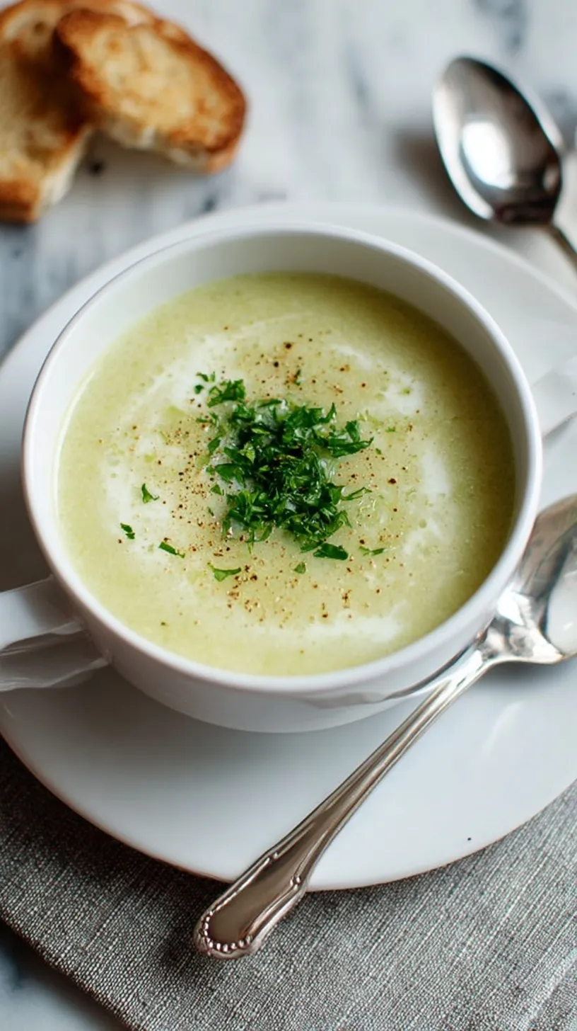 A bowl of creamy green celery soup garnished with fresh parsley and a swirl of coconut milk.
