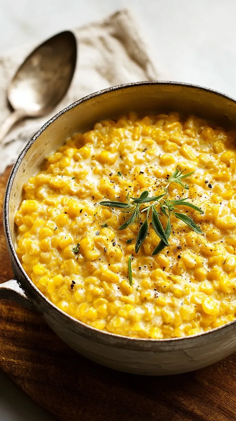 Bowl of homemade creamed corn with butter and fresh herbs on a wooden table