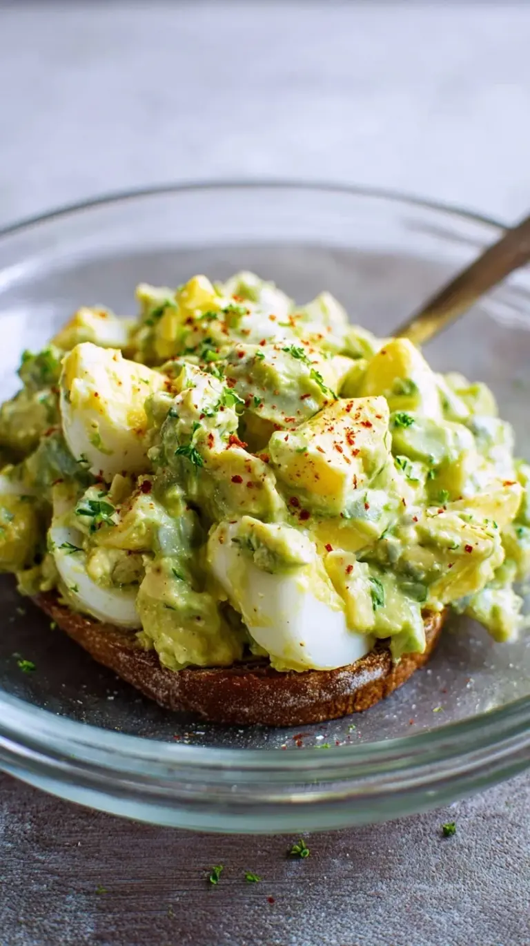 A bowl of creamy avocado egg salad with fresh cilantro and red onion on a wooden table.