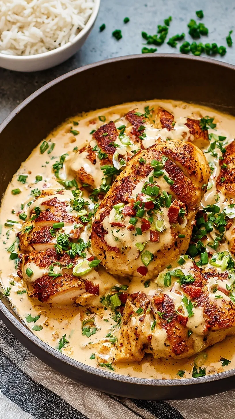 A skillet filled with golden-brown creamy Cajun chicken, garnished with fresh parsley, served with rice.
