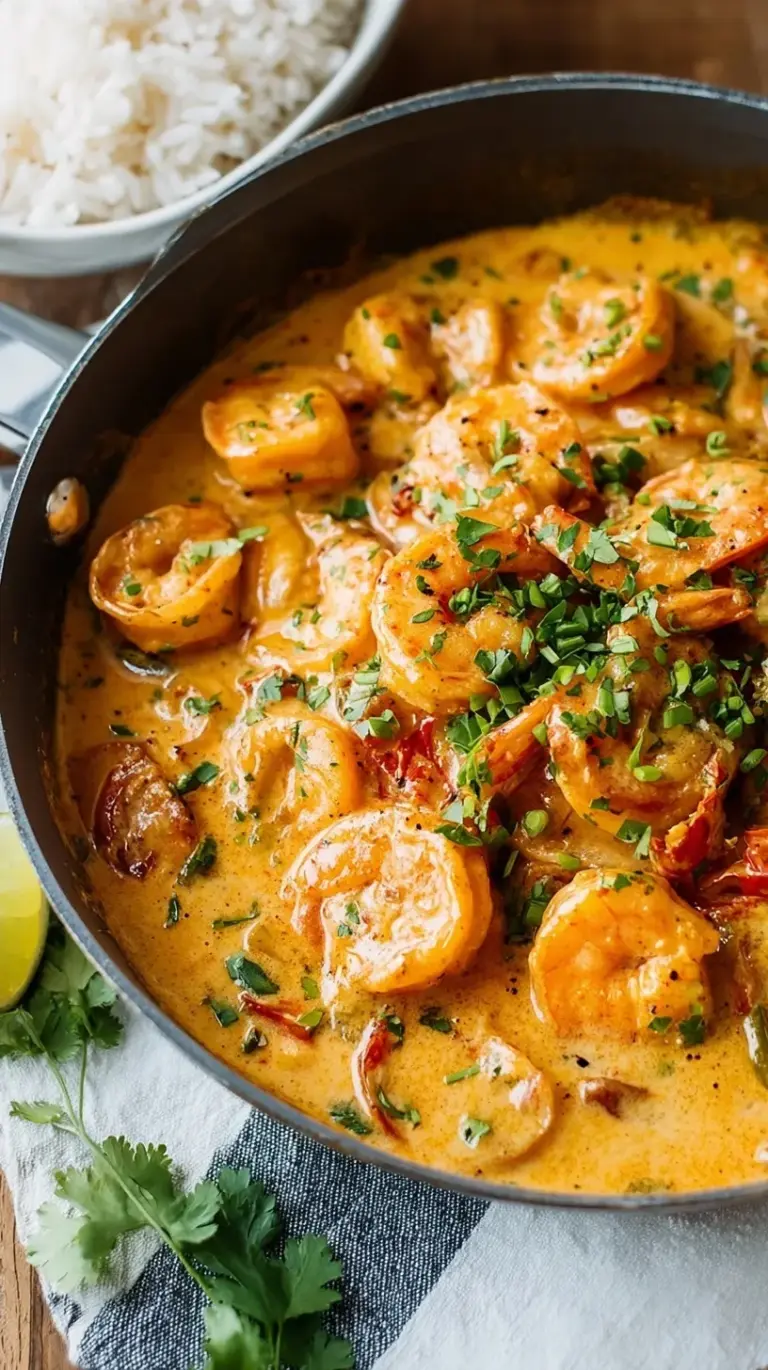 A close-up of a skillet filled with vibrant orange Creamy Chipotle Shrimp, garnished with fresh cilantro and lime wedges.