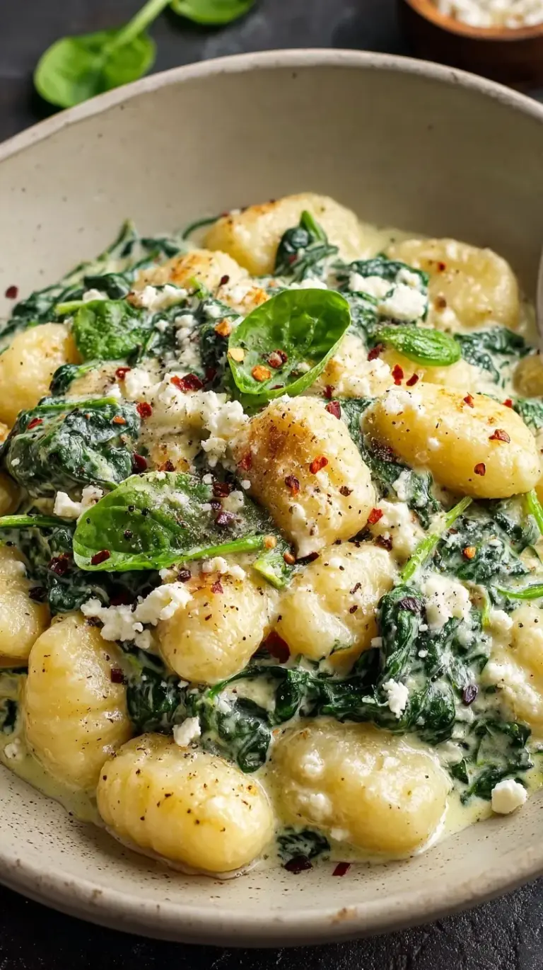 A bowl of creamy potato gnocchi with wilted spinach and crumbled feta cheese