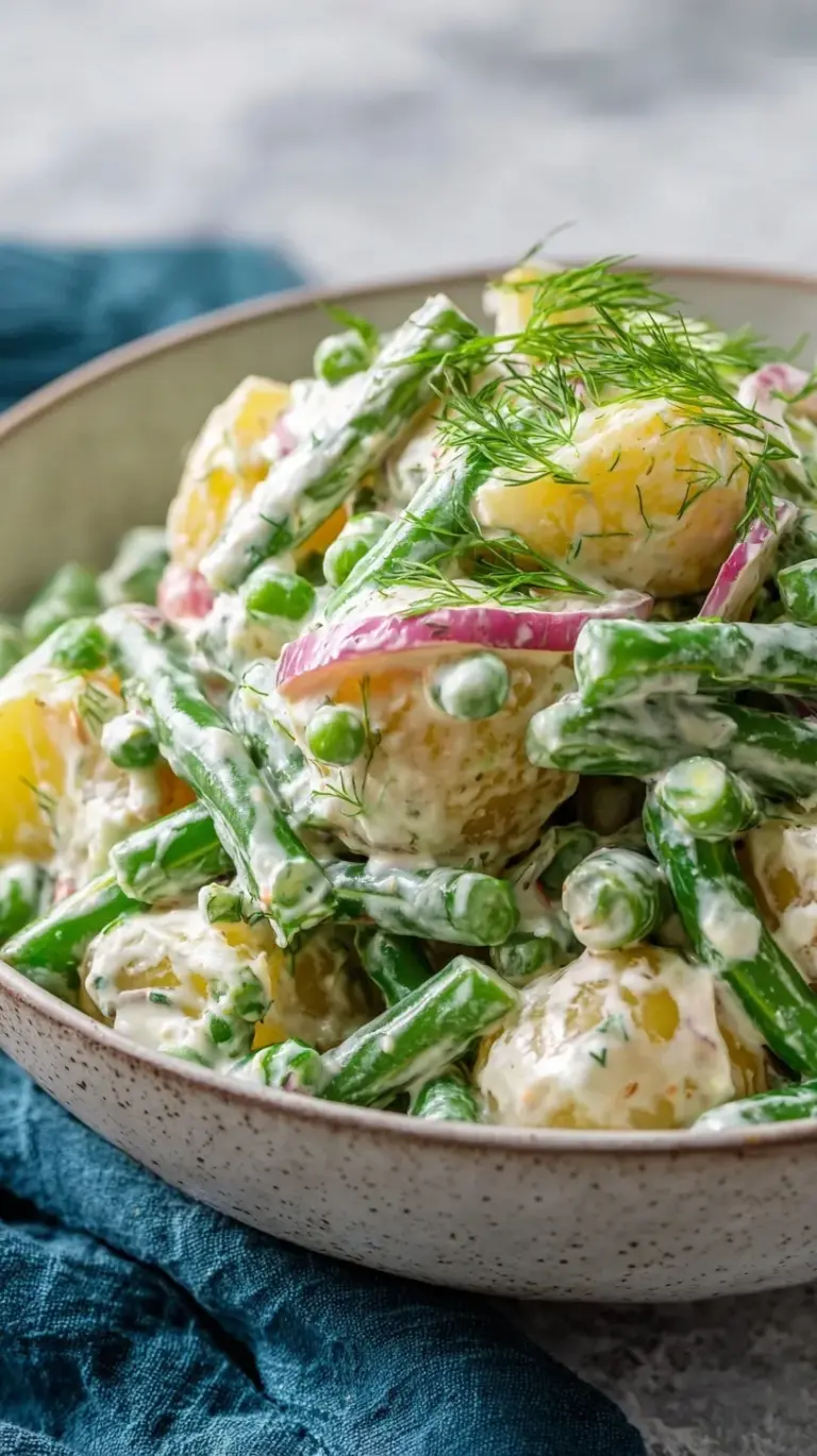 A bowl of creamy green bean potato salad with fresh dill and red onions