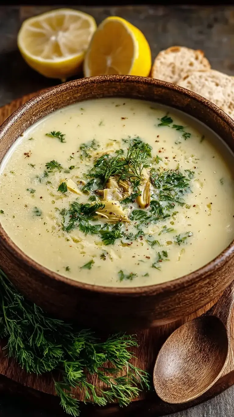 A bowl of creamy yellow artichoke soup garnished with fresh parsley and lemon zest next to a piece of crusty bread.