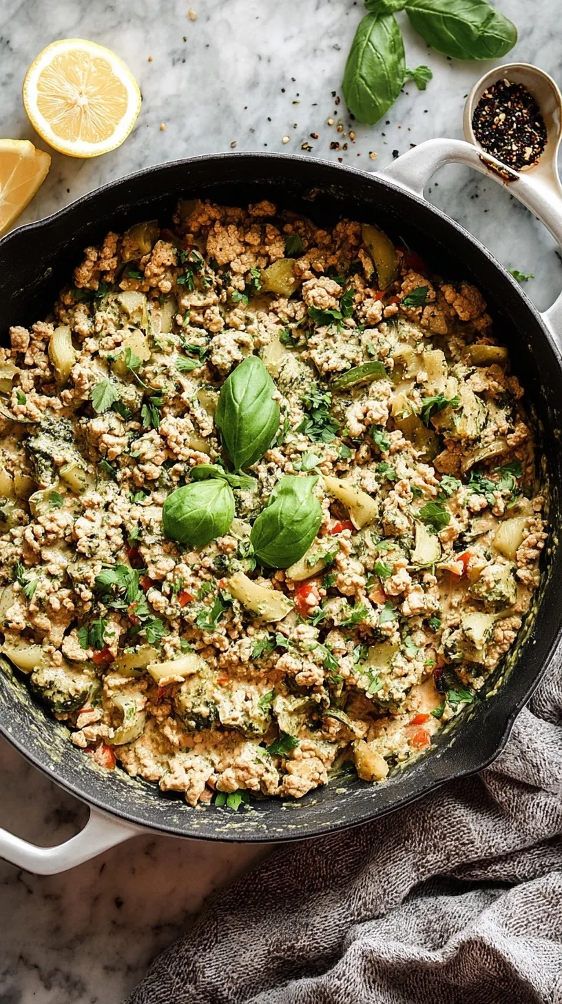 Creamy pesto ground turkey skillet in a cast iron pan with fresh basil garnish on wooden table