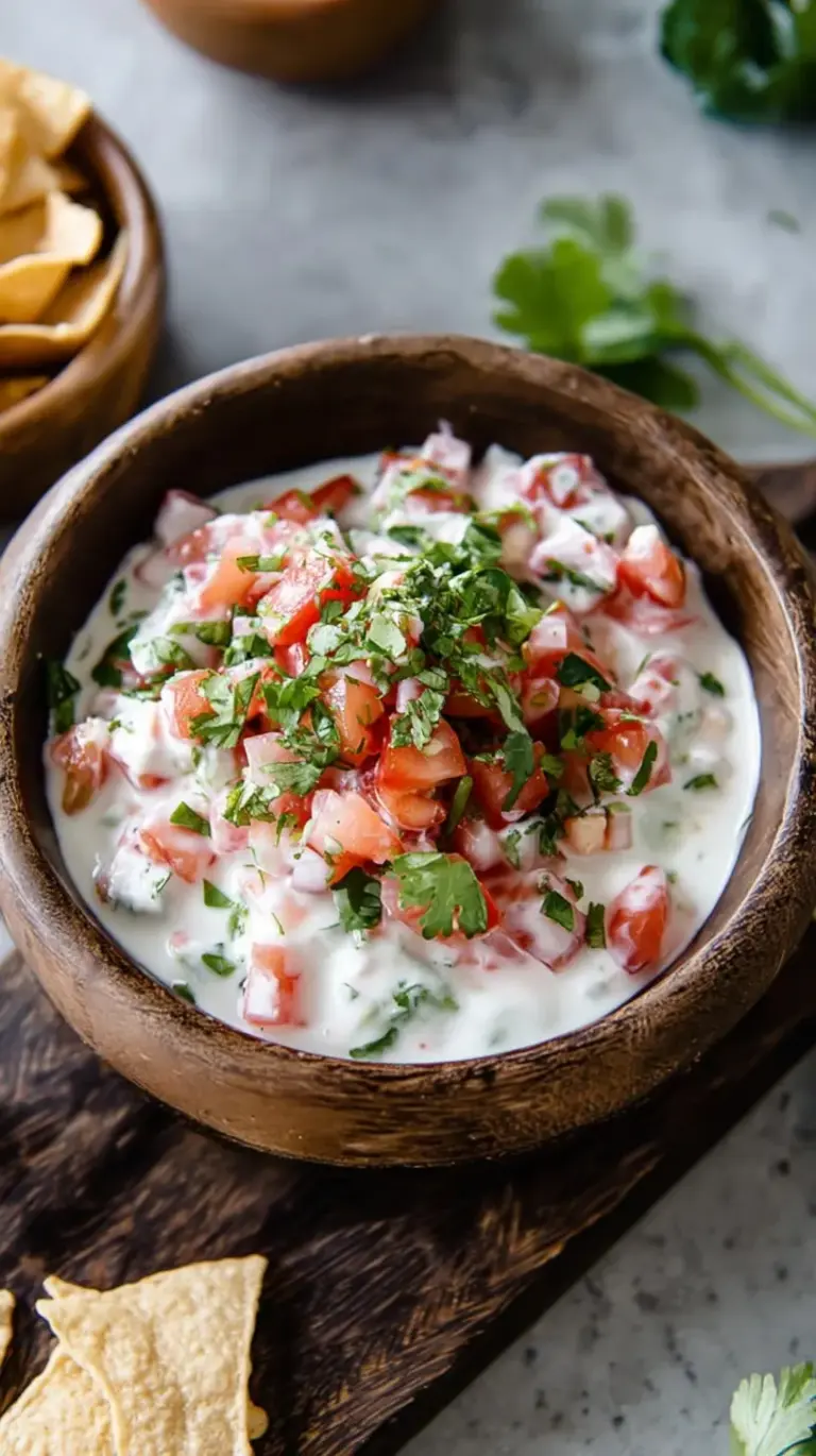 A bowl of fresh creamy pico de gallo with tomatoes, onions, and cilantro folded into lime sour cream