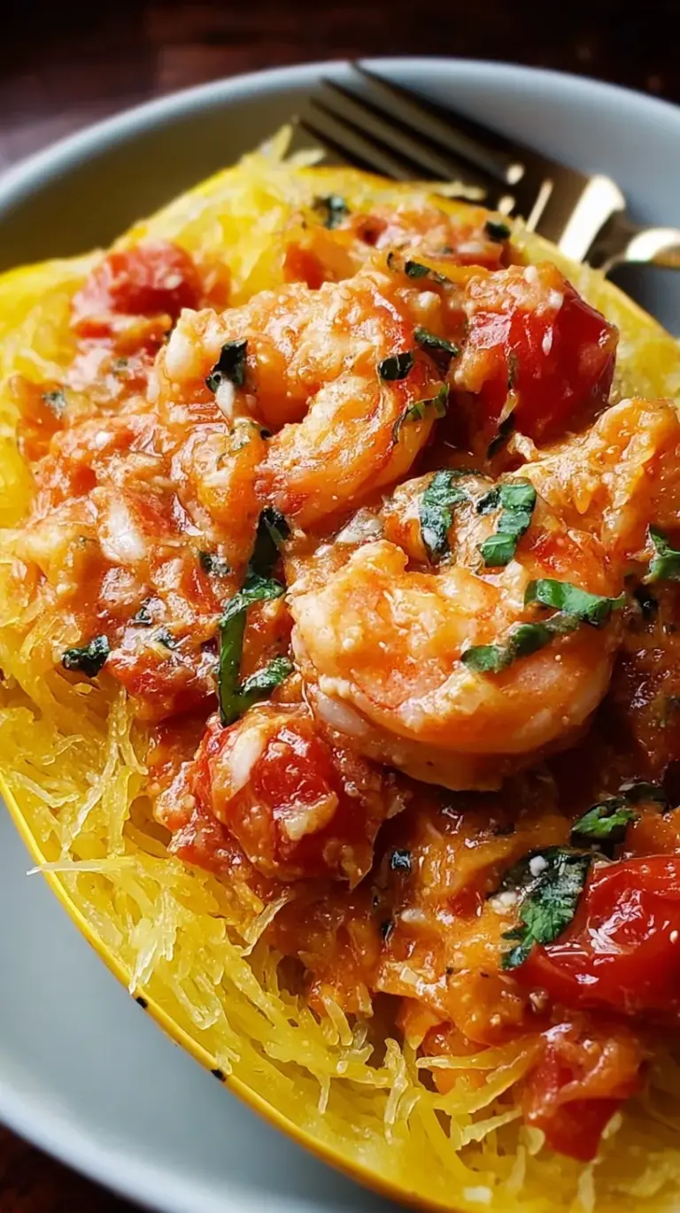 A skillet filled with creamy tomato sauce, shrimp, and spaghetti squash strands topped with Parmesan cheese.