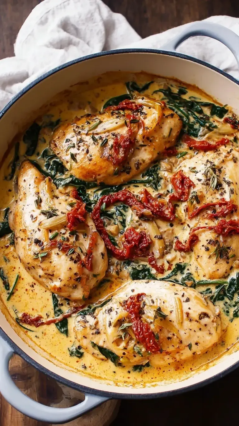 A close-up of golden-brown Creamy Tuscan Chicken in a skillet, garnished with fresh basil.