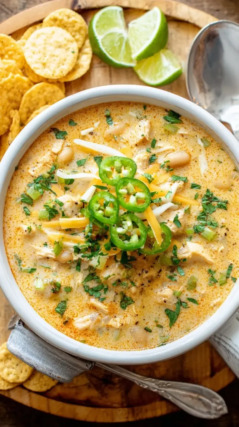 A white bowl filled with creamy white chicken chili topped with fresh cilantro and lime