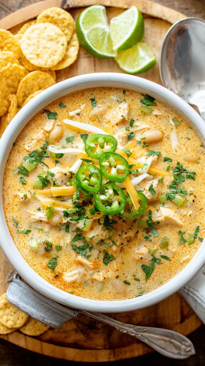 A white bowl filled with creamy white chicken chili topped with fresh cilantro and lime