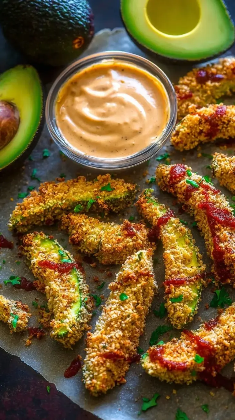 Golden brown crispy avocado fries arranged on a plate with a side of creamy chipotle sauce