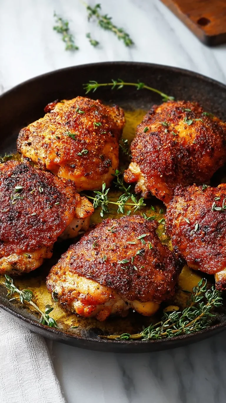 Crispy Baked Chicken Thighs with golden brown skin on a white plate with fresh herbs