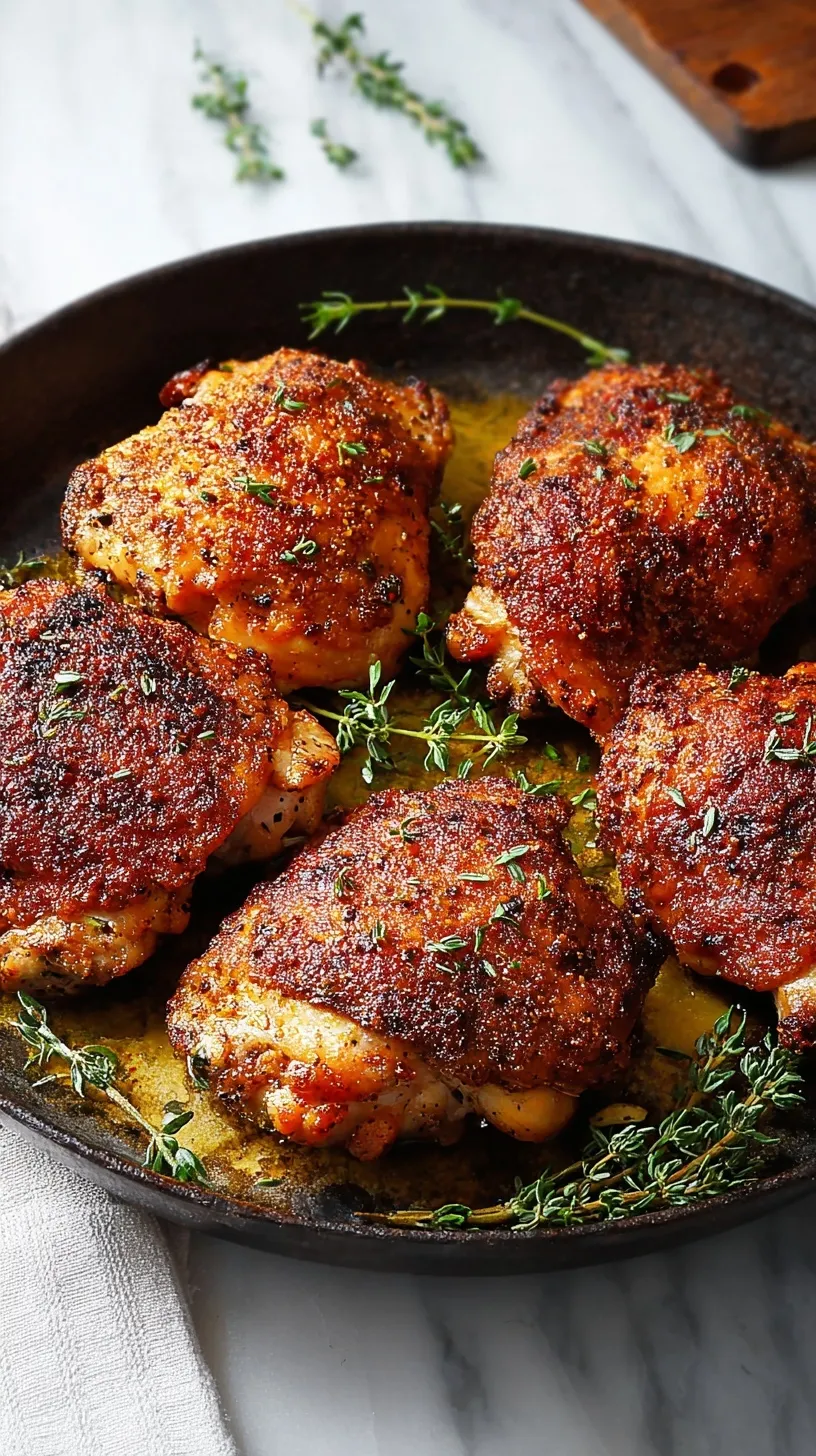 Crispy Baked Chicken Thighs with golden brown skin on a white plate with fresh herbs