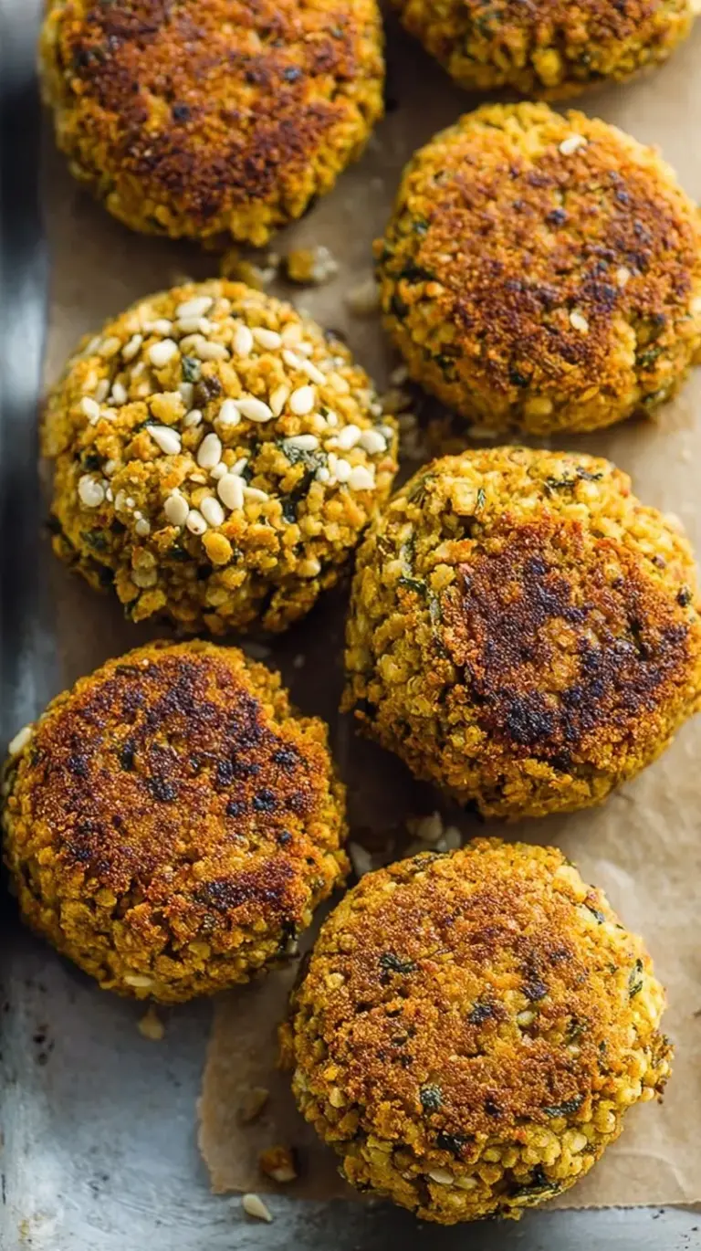 A plate of golden brown crispy baked falafel served with fresh parsley and tahini sauce.
