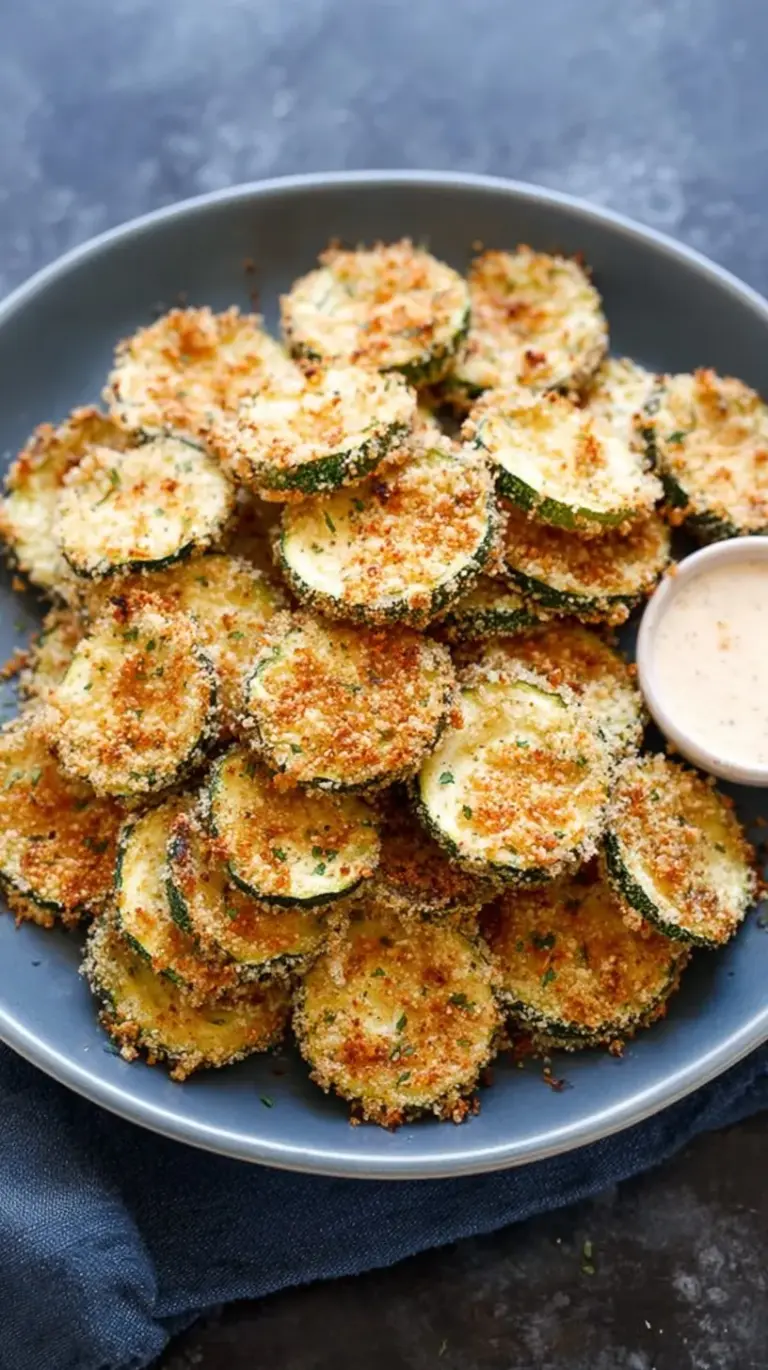 Golden brown crispy baked zucchini chips arranged on a baking sheet
