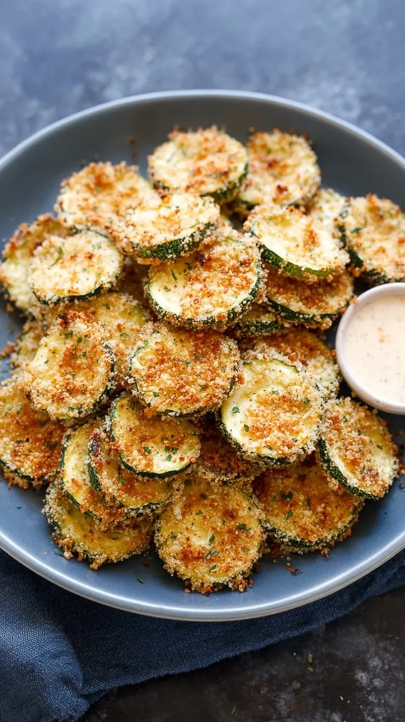 Golden brown crispy baked zucchini chips arranged on a baking sheet