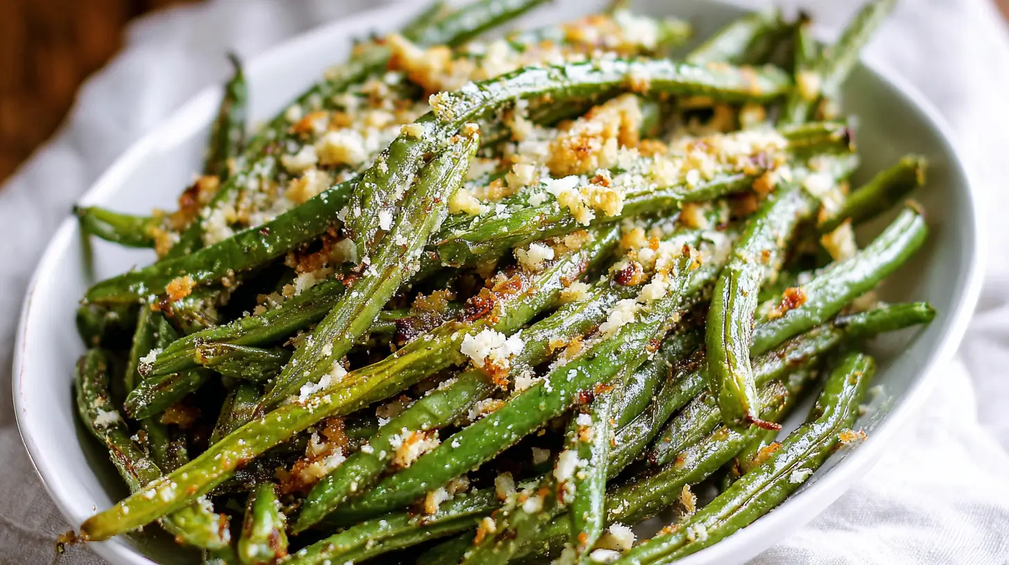 Close shot of crispy roasted green beans with garlic Parmesan