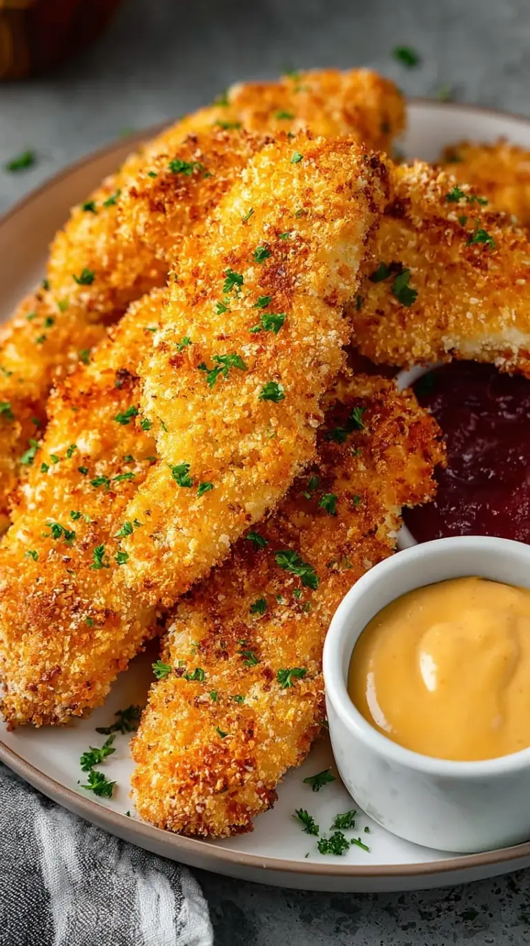 Golden brown crispy oven baked chicken tenders on a wire rack with a side of dipping sauce.