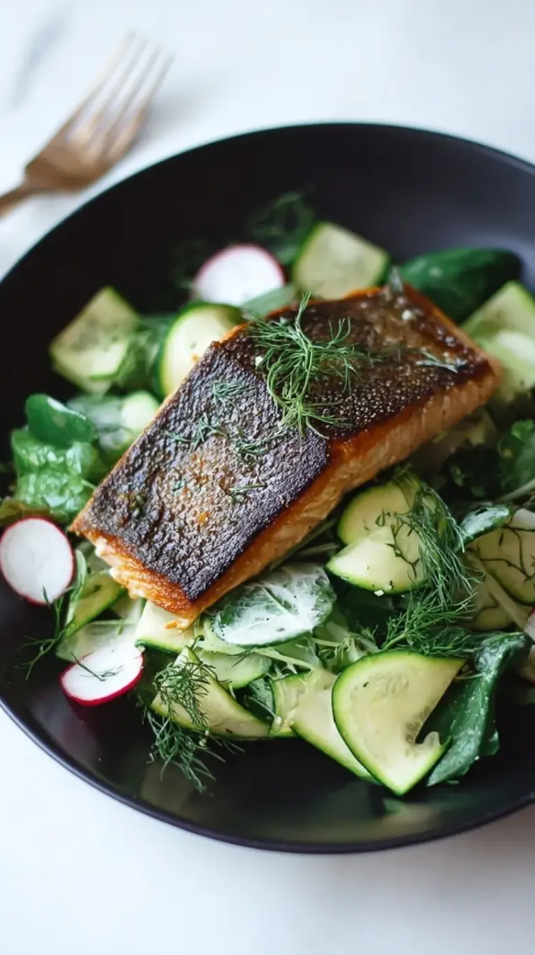 A perfectly seared salmon fillet with golden crispy skin served over a bed of shaved zucchini and cucumber ribbons.
