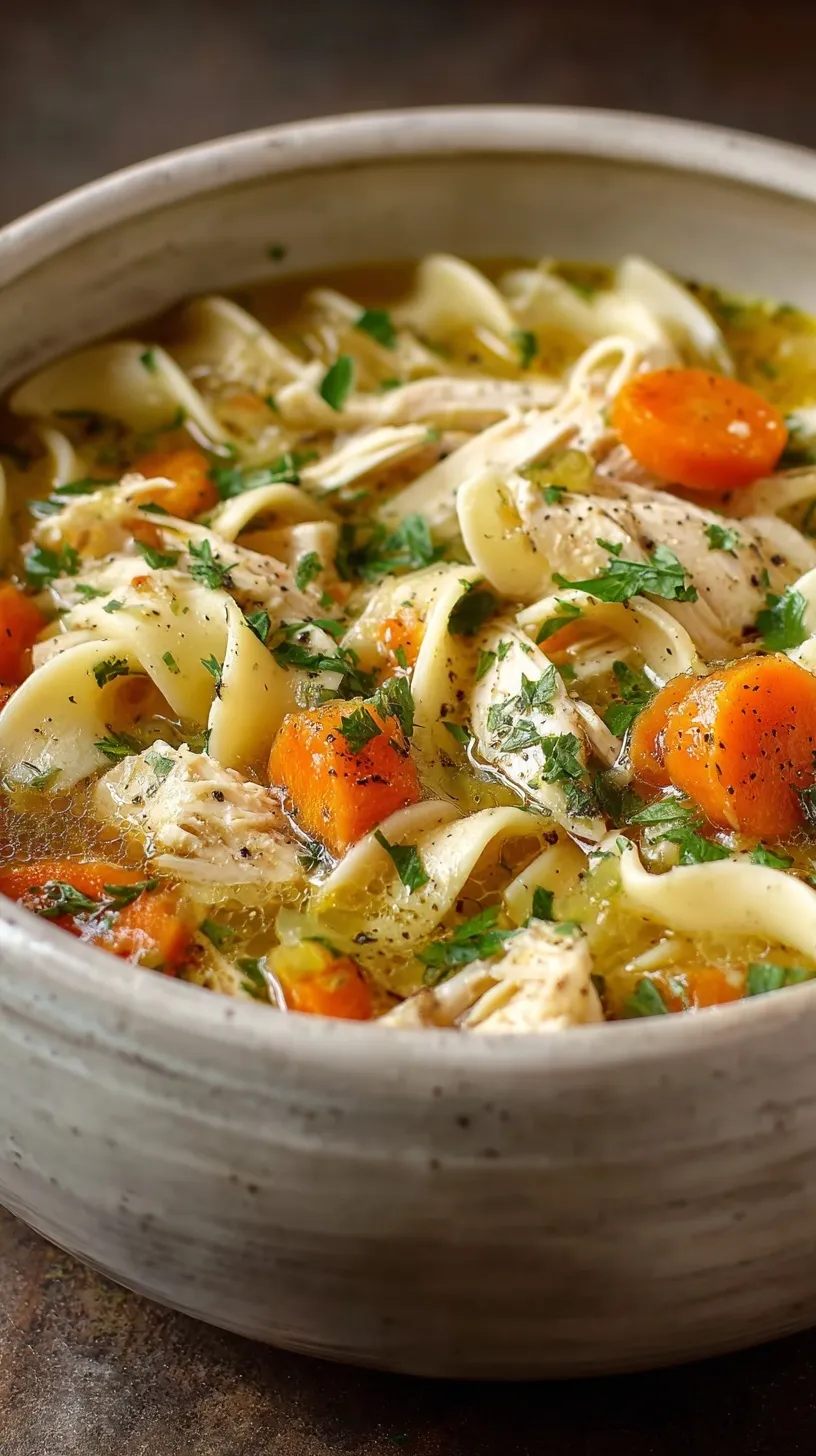 A white bowl filled with steaming chicken noodle soup, featuring wide egg noodles, sliced carrots, and fresh parsley.