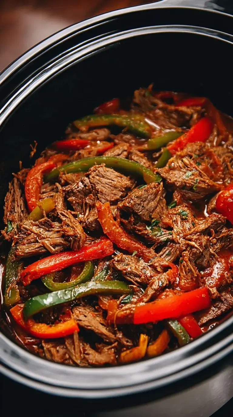 Sizzling slow cooker steak fajitas with colorful bell peppers and onions in a ceramic bowl