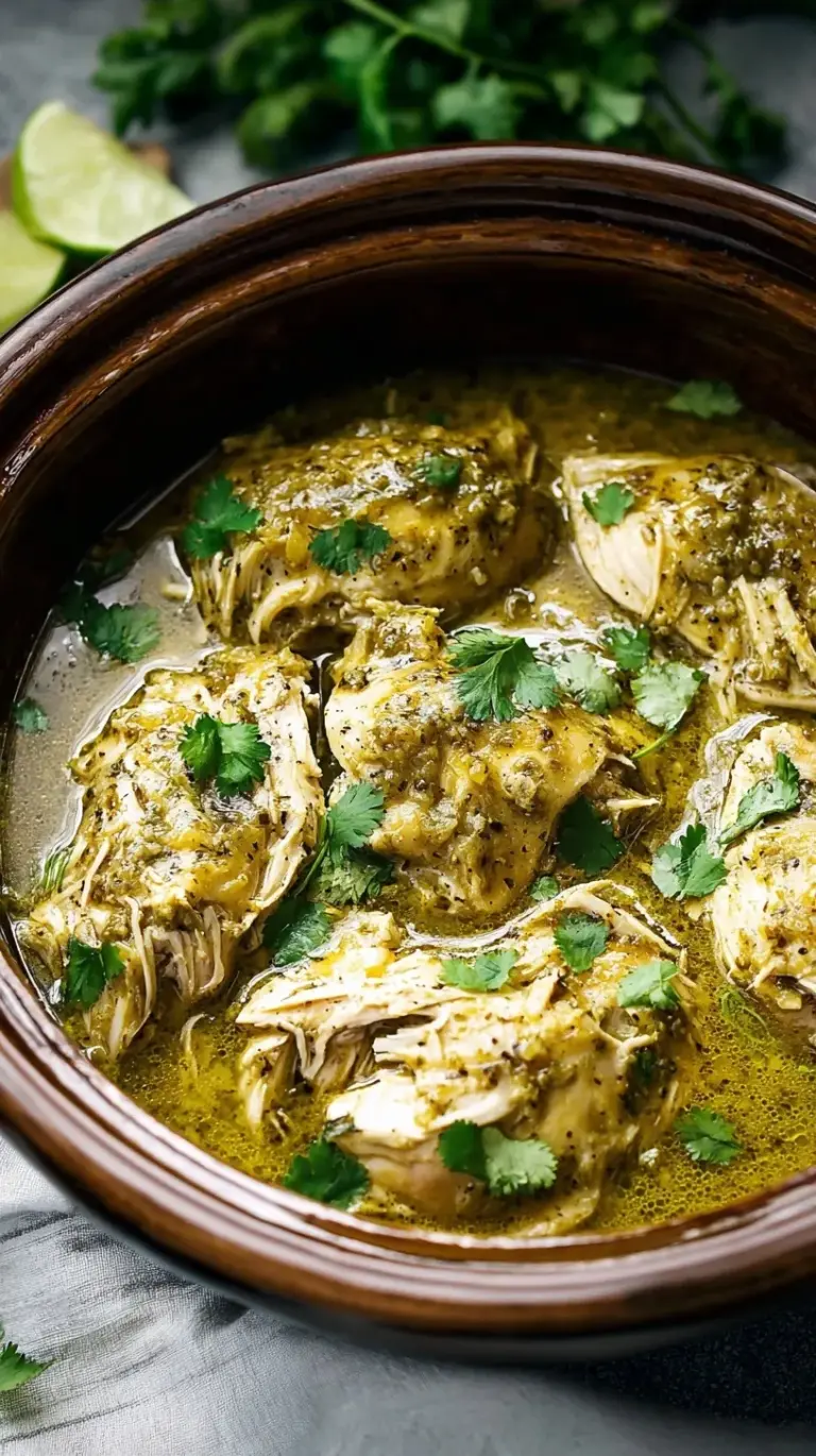 A close-up of shredded Crockpot Salsa Verde Chicken in a slow cooker, garnished with fresh cilantro and lime wedges.