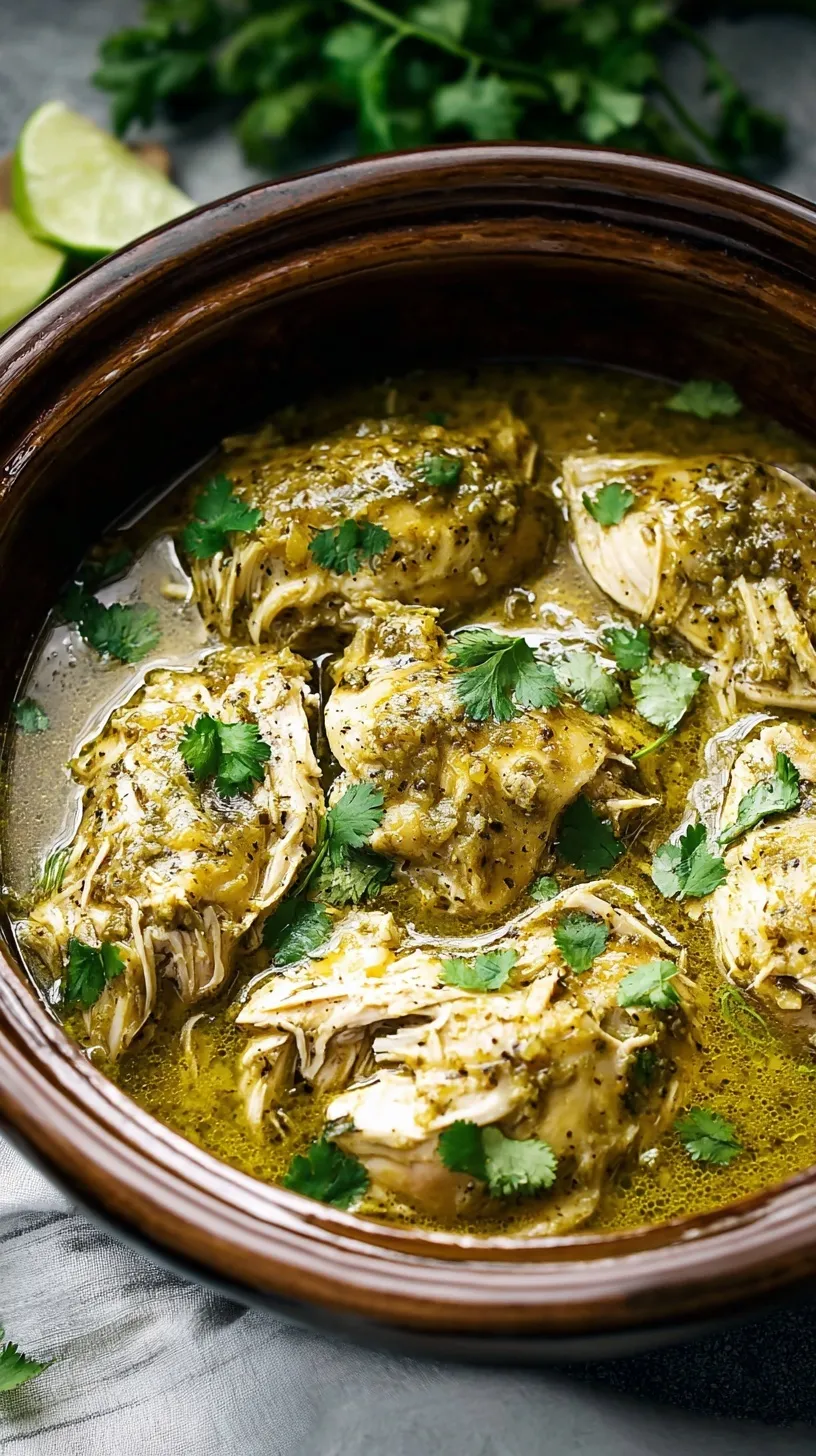 A close-up of shredded Crockpot Salsa Verde Chicken in a slow cooker, garnished with fresh cilantro and lime wedges.