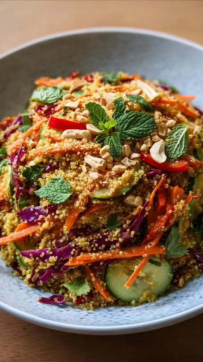 A colorful bowl of Thai Quinoa Salad with purple cabbage, carrots, and peanut dressing