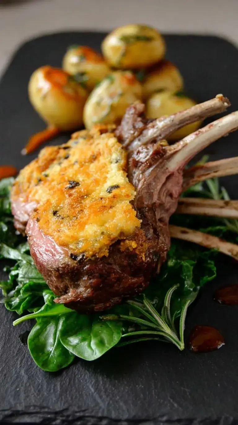A perfectly roasted herb-crusted rack of lamb sliced into chops on a serving platter with fresh rosemary