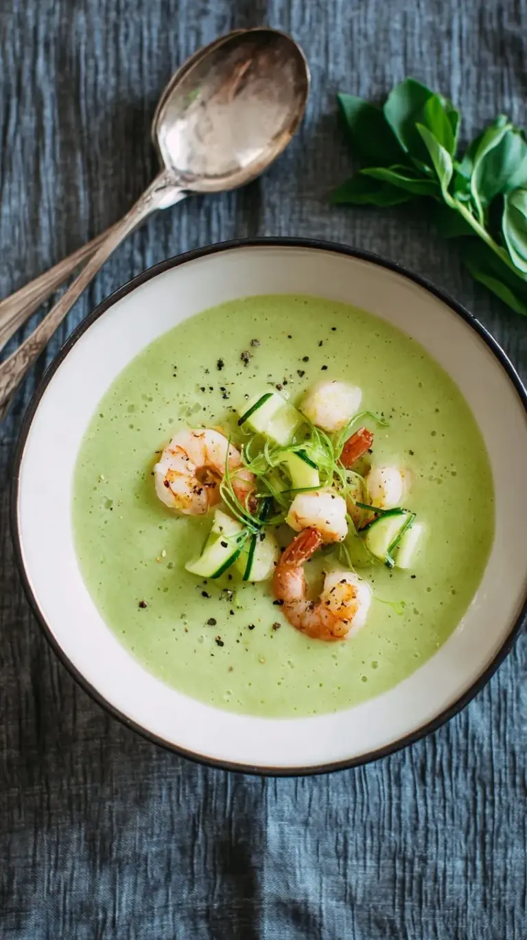 A bowl of green cucumber melon gazpacho topped with pink sautéed ginger shrimp and fresh mint.