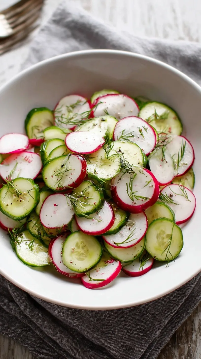 A close-up shot of a vibrant cucumber radish salad with fresh dill in a white bowl.