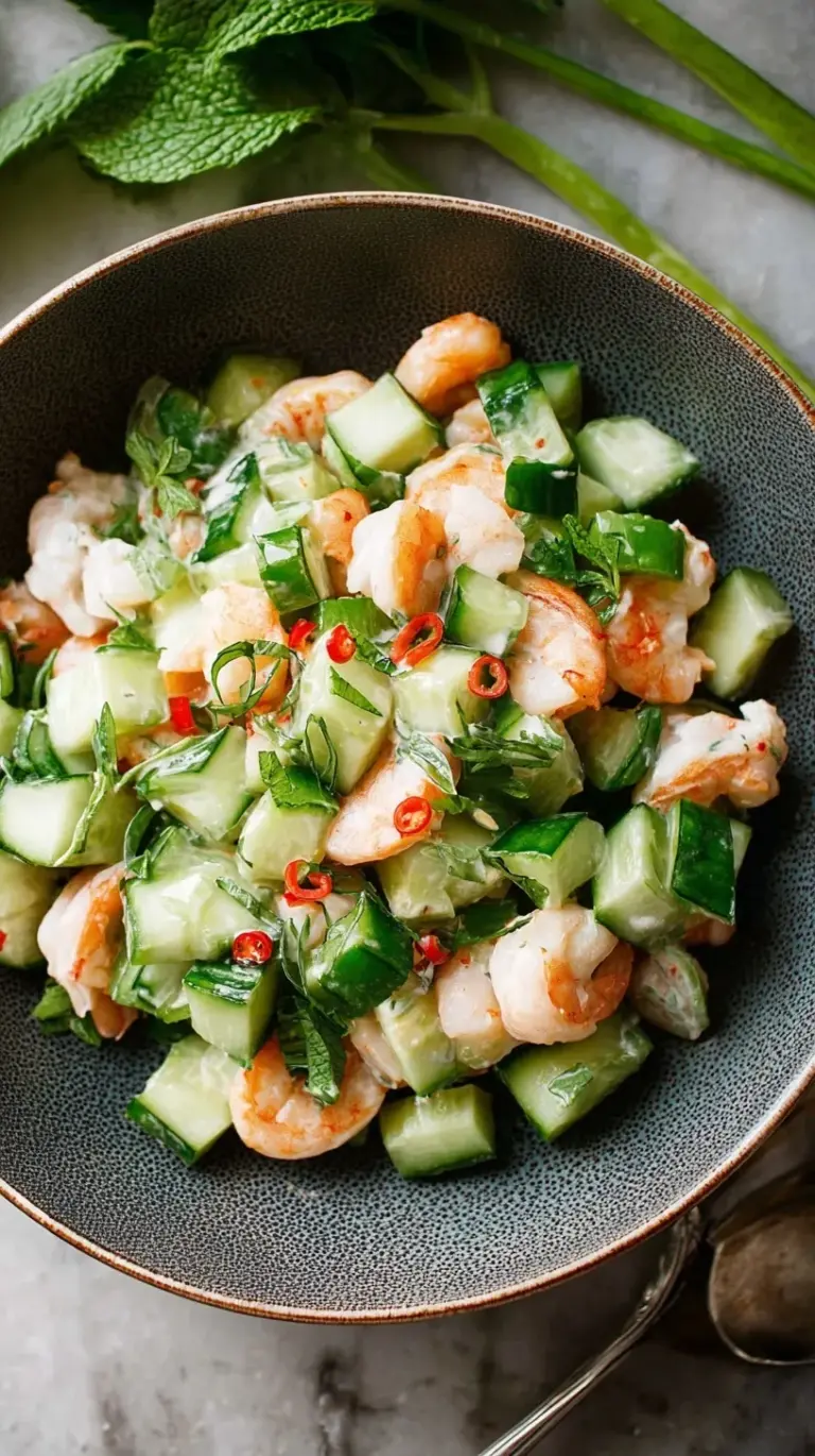 A vibrant bowl of Cucumber Shrimp Salad with fresh dill, red onion, and a creamy dressing, ready to be served.