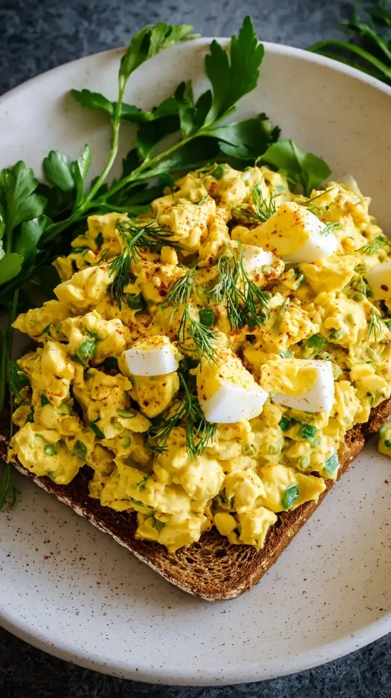 A bowl of creamy curried egg salad with fresh celery and red onions on toasted bread.