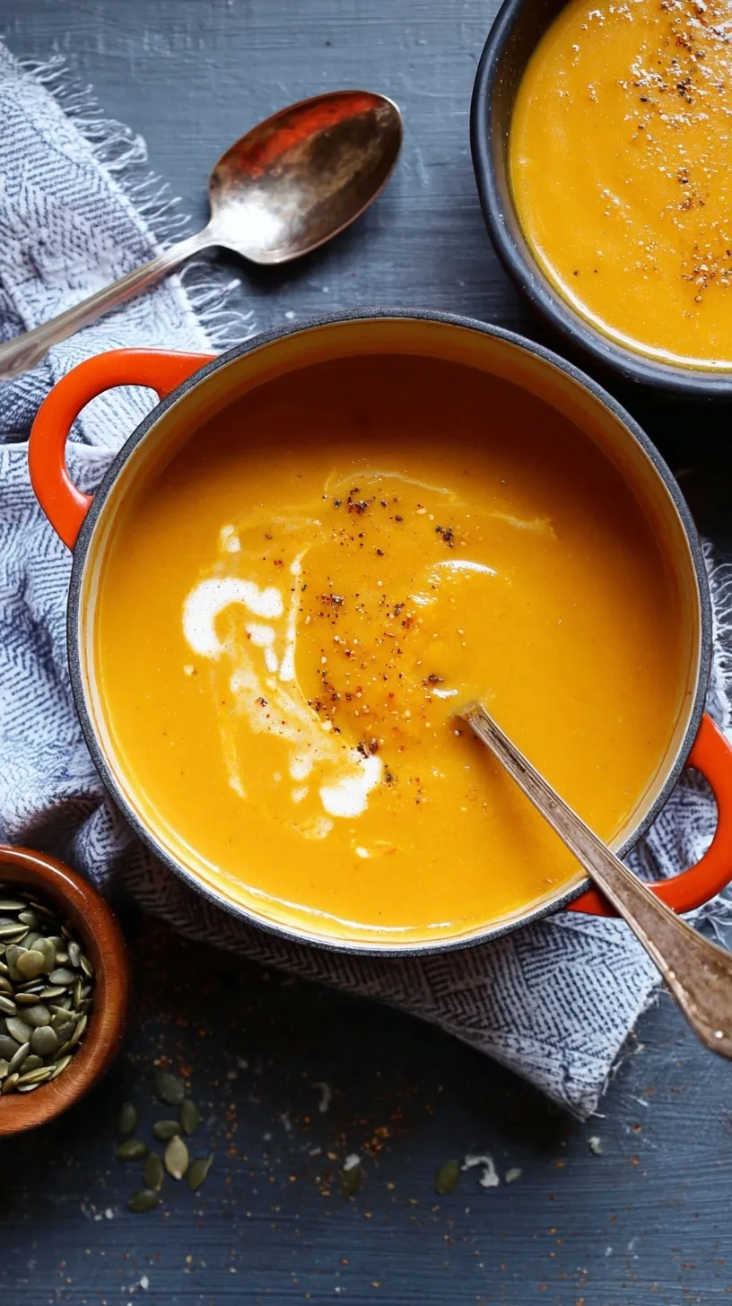 A bowl of vibrant orange curry pumpkin soup topped with coconut milk and pumpkin seeds
