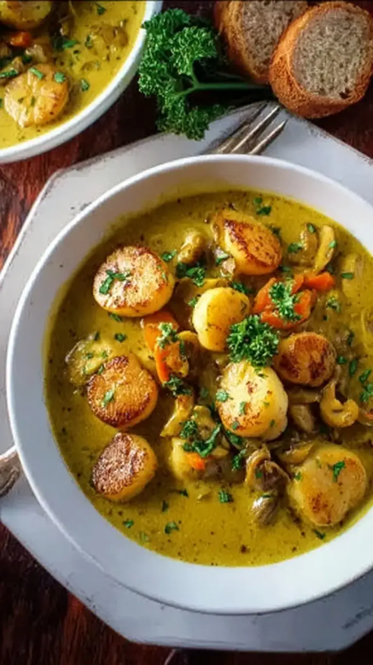 A white bowl filled with creamy coconut curry scallops stew, red peppers, and green snap peas, garnished with fresh cilantro.