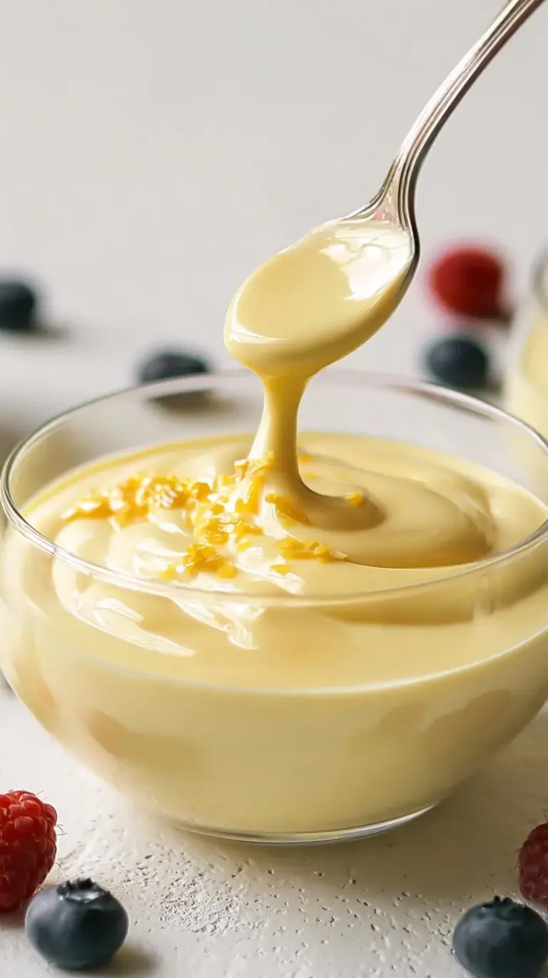 A smooth, golden pourable vanilla custard being drizzled from a white ceramic pitcher over a warm dessert.