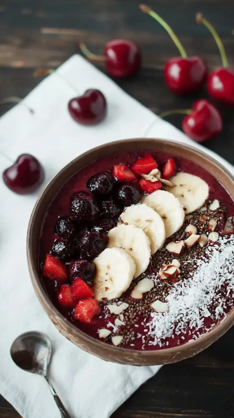 A thick purple dark cherry smoothie bowl topped with granola, almonds, and fresh cherries in a white bowl.