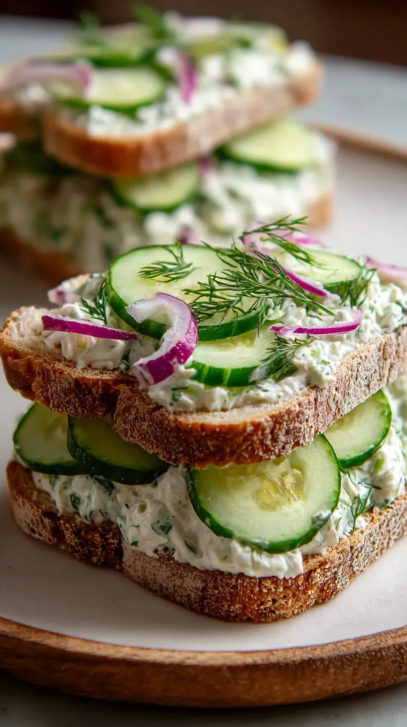 A plate of crustless cucumber salad sandwiches cut into triangles with fresh dill garnish.