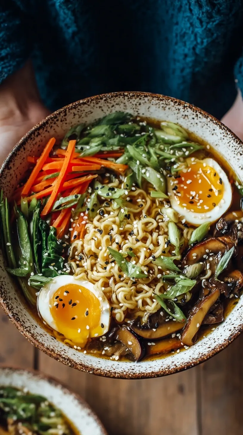 A steaming bowl of creamy vegan sesame ramen topped with bok choy, mushrooms, and chili oil