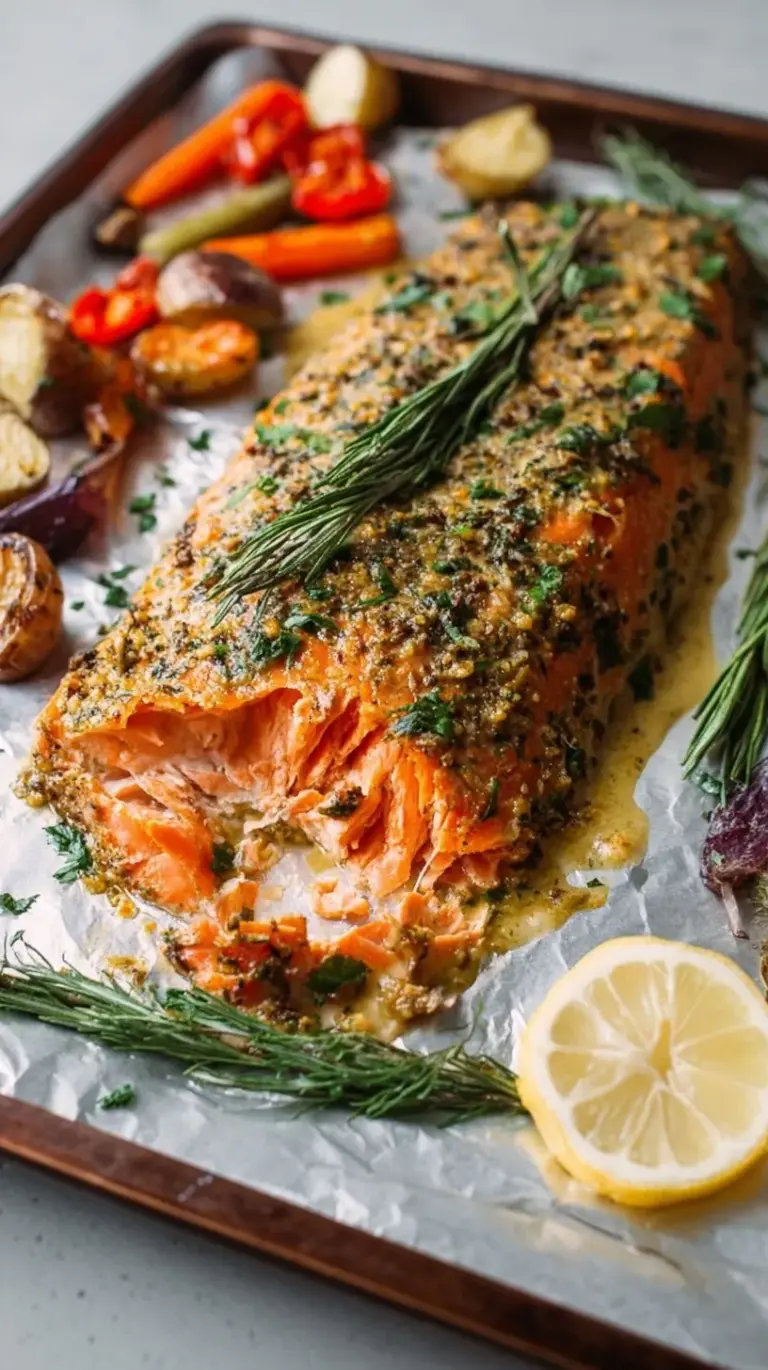 Close-up of golden Dijon Baked Salmon fillets with fresh herbs, served on a sheet pan with roasted asparagus.