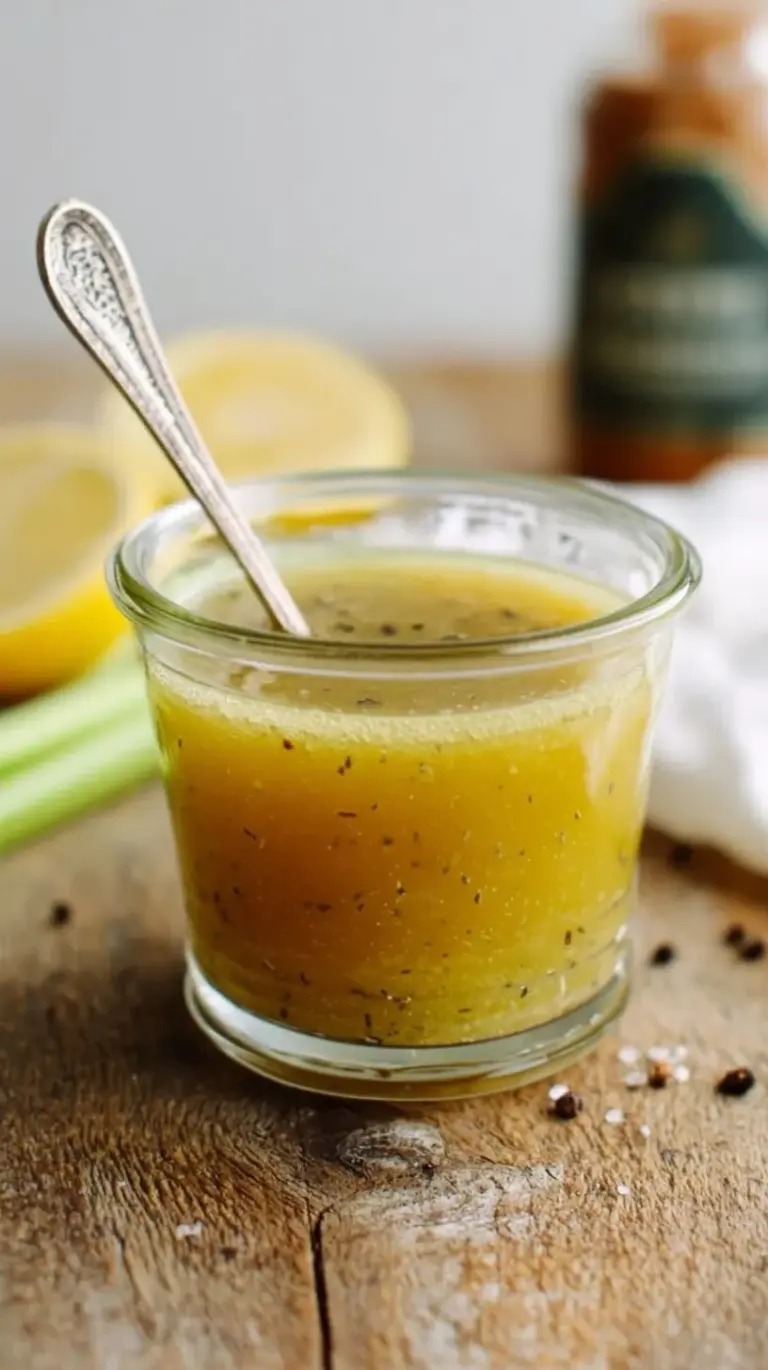 A glass jar filled with golden homemade Dijon Vinaigrette, with fresh green salad leaves in the background.