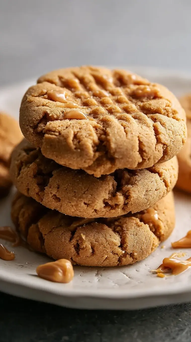 A stack of golden brown double peanut butter cookies with a crisscross pattern and melted peanut butter chips.