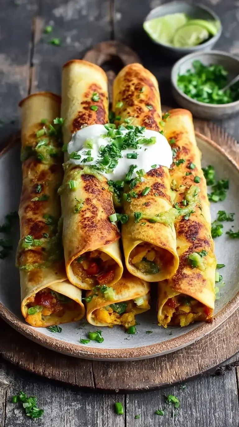 A plate of golden brown crispy vegan taquitos served with salsa and avocado