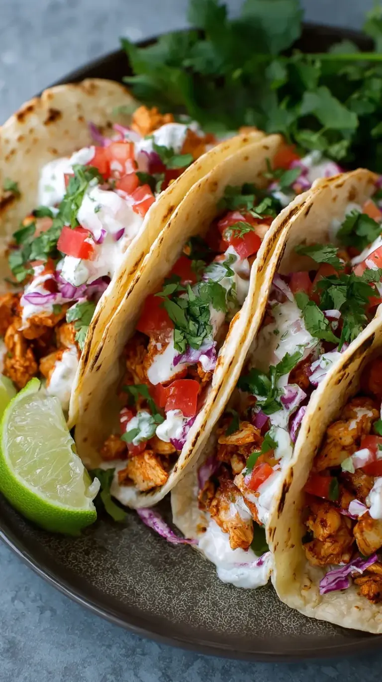 Platter of fresh chicken tacos with lime wedges and cilantro