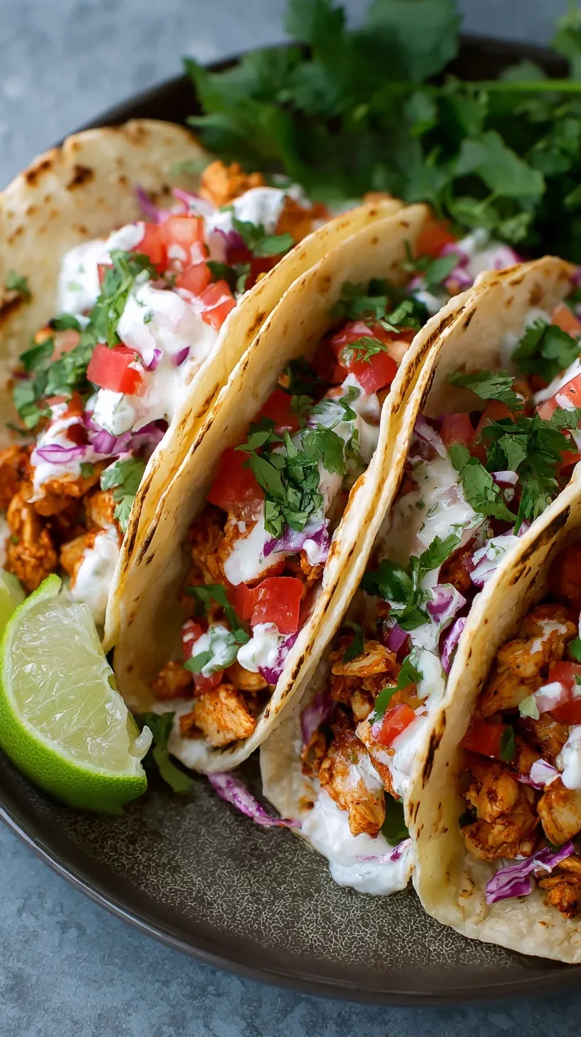 Platter of fresh chicken tacos with lime wedges and cilantro
