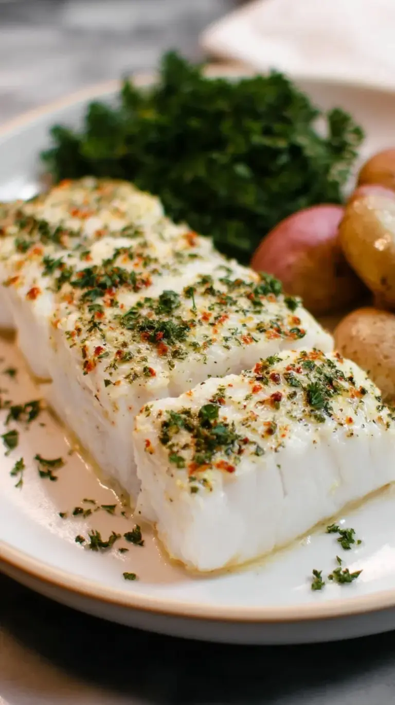 Four oven-roasted halibut fillets topped with garlic butter and fresh parsley in a white baking dish.