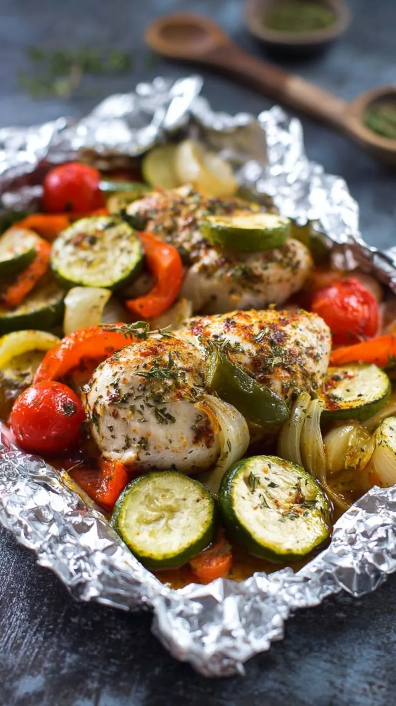 Sealable foil packets filled with Italian seasoned chicken, zucchini, and bell peppers on a baking sheet.